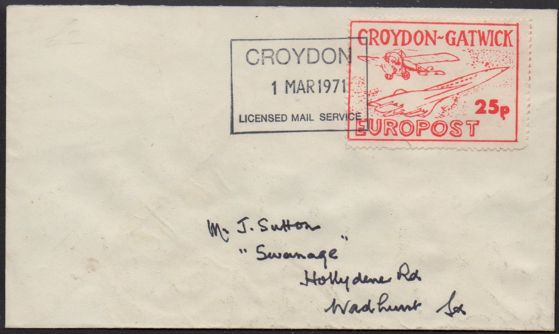 1971 Croydon Gatwick Strike Post 25p philatelic cover, March 1st 1971, possibly sent to Wadhurst, East Sussex.